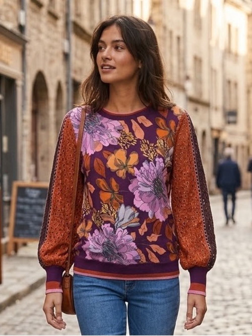 Anthropologie Bl-nk Contrast Eyelet Pullover Top Floral Sm Boho Romantic Soft